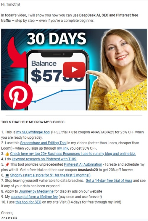 newsletter from blogger and Pinterest Marketing Strategist Anastasia